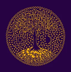 Poster Im Rahmen Baum des Lebens. Eine symbolische Mandala-Lichtzeichnung auf blauem Hintergrund. Manuelle handgefertigte Grafiken. © Light