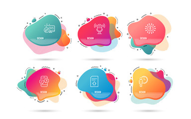 Dynamic liquid shapes. Set of Waiting, Microphone and Phone survey icons. Upload file sign. Service time, Mic, Mobile quiz test. Load document.  Gradient banners. Fluid abstract shapes. Vector