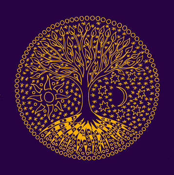 Tree of Life. A symbolic mandala light drawing on blue background. Manual hand made graphics.