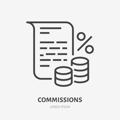 Deposit interest flat line icon, credit, loan commission. Thin linear logo for financial services, cashback payment, tax fee, invoice with money and percent sign vector illustration.