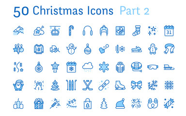 Merry Christmas, new year flat line icons. Gifts, winter sports, presents,skiing, hockey, snowboard, snowball game, snow removal vector illustrations. Thin signs pixel perfect 48x48. Editable Stroke