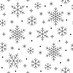 Gardinen Nahtloses Muster mit schwarzen Schneeflocken auf weißem Hintergrund. Schneiende Ikonen der flachen Linie, niedliche Schneeflocken wiederholen Tapete. Schönes Element für Weihnachtsbanner, Verpackung. Traditionelle Verzierung des neuen Jahres. © nadiinko