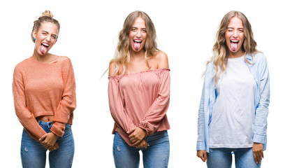 Fototapeta premium Young beautiful young woman wearing casual look over white isolated background sticking tongue out happy with funny expression. Emotion concept.