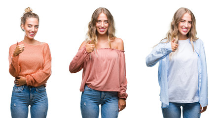Fototapeta premium Young beautiful young woman wearing casual look over white isolated background doing happy thumbs up gesture with hand. Approving expression looking at the camera with showing success.