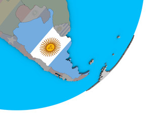 Argentina with national flag on blue political 3D globe.