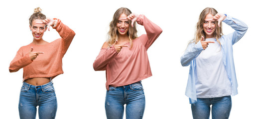 Young beautiful young woman wearing casual look over white isolated background smiling making frame with hands and fingers with happy face. Creativity and photography concept.