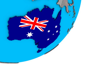 Australia with national flag on blue political 3D globe.