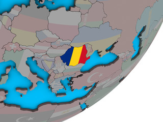 Romania with national flag on blue political 3D globe.