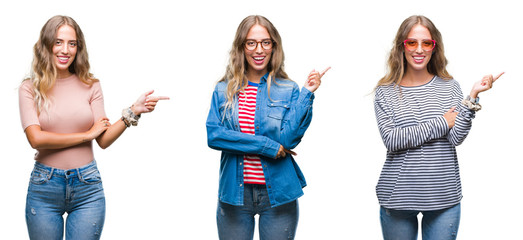 Young beautiful young woman wearing casual look over white isolated background with a big smile on face, pointing with hand and finger to the side looking at the camera.