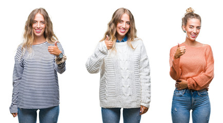 Young beautiful young woman wearing casual look over white isolated background doing happy thumbs up gesture with hand. Approving expression looking at the camera with showing success.