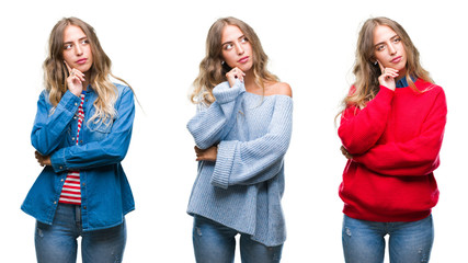 Young beautiful young woman over white isolated background with hand on chin thinking about question, pensive expression. Smiling with thoughtful face. Doubt concept.