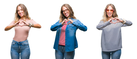 Fototapeta premium Young beautiful young woman wearing casual look over white isolated background smiling in love showing heart symbol and shape with hands. Romantic concept.