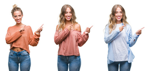Young beautiful young woman wearing casual look over white isolated background smiling and looking at the camera pointing with two hands and fingers to the side.