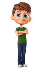Cheerful boy in a green T-shirt crossed his arms. 3d render illustration.