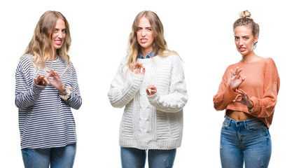 Young beautiful young woman wearing casual look over white isolated background disgusted expression, displeased and fearful doing disgust face because aversion reaction. With hands raised