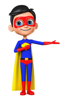 Cheerful boy in a blue superhero costume shows a finger on an empty hand. 3d render illustration.