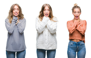 Obraz premium Young beautiful young woman wearing casual look over white isolated background shouting and suffocate because painful strangle. Health problem. Asphyxiate and suicide concept.