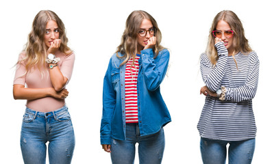 Young beautiful young woman wearing casual look over white isolated background looking stressed and nervous with hands on mouth biting nails. Anxiety problem.