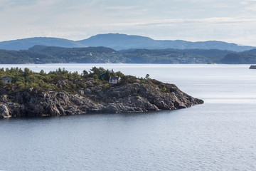 Rocky islands in Fjord shoreline morning time) Bergen, Norway