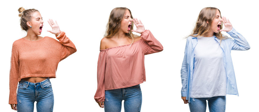 Young beautiful young woman wearing casual look over white isolated background shouting and screaming loud to side with hand on mouth. Communication concept.