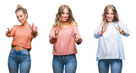 Young beautiful young woman wearing casual look over white isolated background smiling looking to the camera showing fingers doing victory sign. Number two.