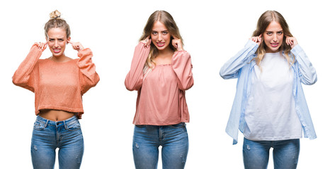 Obraz premium Young beautiful young woman wearing casual look over white isolated background covering ears with fingers with annoyed expression for the noise of loud music. Deaf concept.