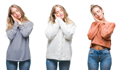 Young beautiful young woman wearing casual look over white isolated background sleeping tired dreaming and posing with hands together while smiling with closed eyes.