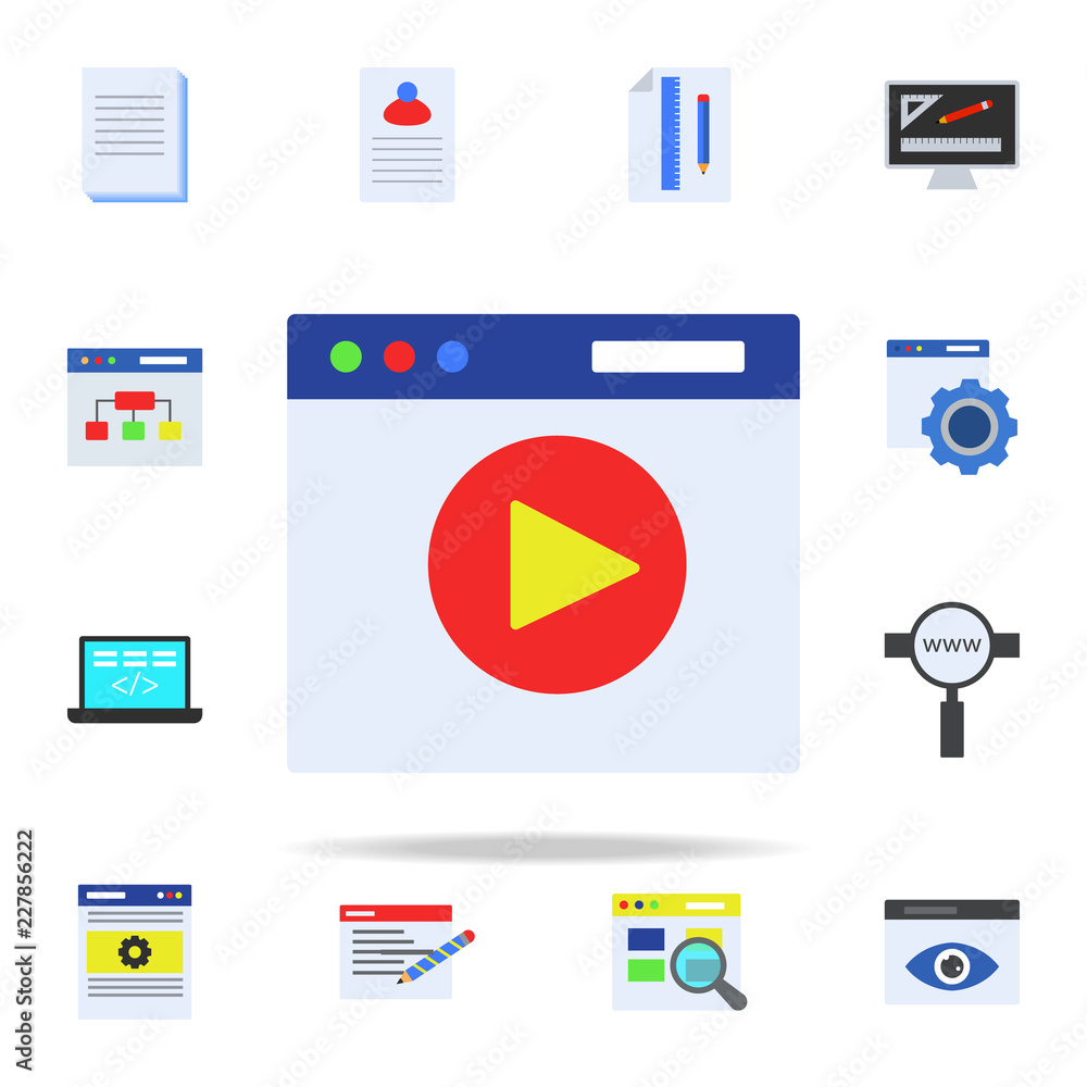 Aufkleber video player in browser colored icon. programming icons universal set for web and mobile
