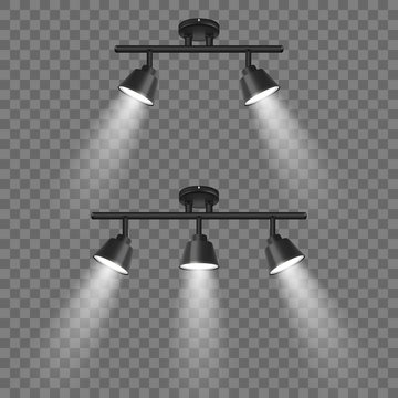 Vector Realistic 3d Black Spotlights Set in Different Slopes Closeup Isolated on Transparent Background. Design Template of Bright Lighting Glowing Spots with Ligh Effect for Ceremony, show, stage etc