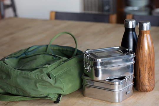close up of two stainless steel zero waste lunch boxes