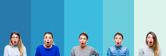 Collage of young beautiful woman over blue stripes isolated background afraid and shocked with surprise expression, fear and excited face. - obrazy, fototapety, plakaty