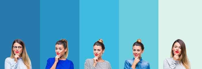 Collage of young beautiful woman over blue stripes isolated background looking confident at the camera with smile with crossed arms and hand raised on chin. Thinking positive.