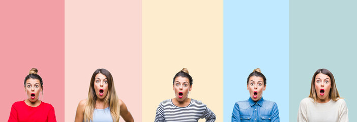 Fototapeta premium Collage of young beautiful woman over colorful vintage stripes isolated background afraid and shocked with surprise expression, fear and excited face.