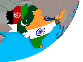 South Asia with national flags on blue political 3D globe.