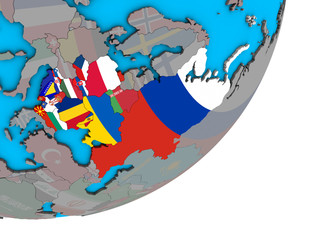 Eastern Europe with national flags on blue political 3D globe.