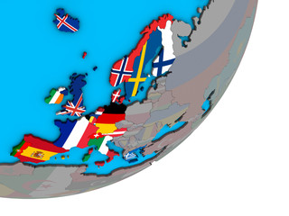 Western Europe with national flags on blue political 3D globe.