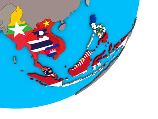 South East Asia with national flags on blue political 3D globe.