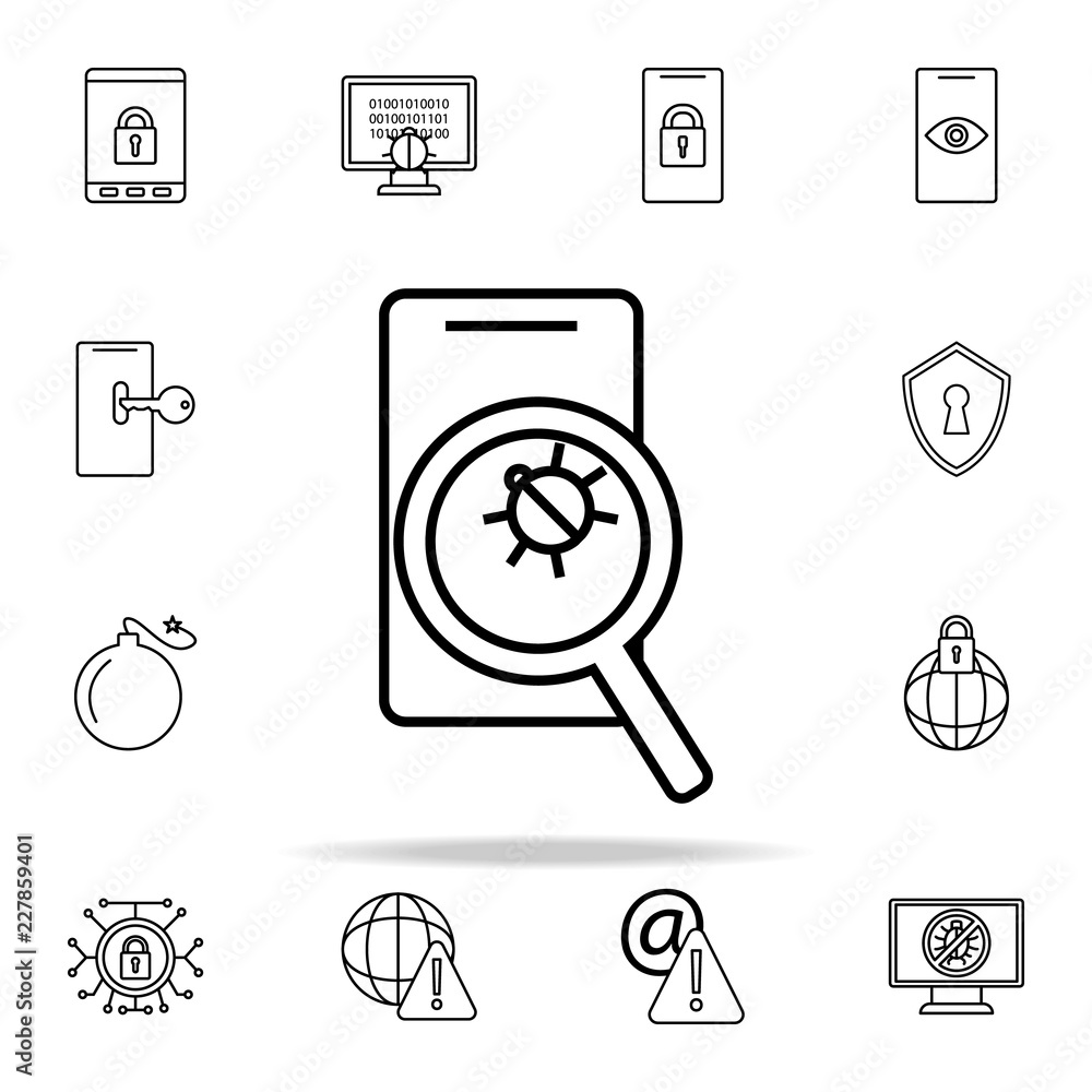 Poster look for bugs in a smart phone icon. virus antivirus icons universal set for web and mobile