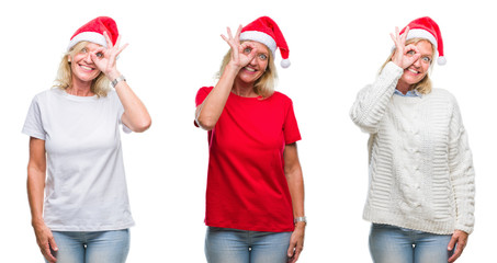 Collage of beautiful middle age blonde woman wearing christmas hat over white isolated backgroud doing ok gesture with hand smiling, eye looking through fingers with happy face.