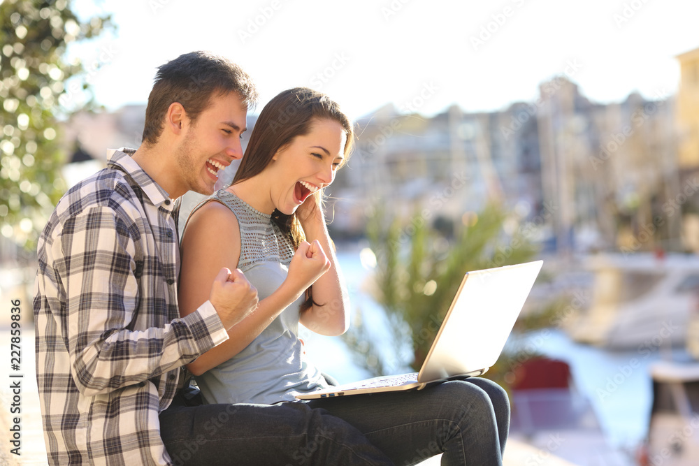 Sticker excited couple on vacation watching online content