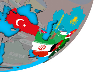 ECO member states with national flags on blue political 3D globe.