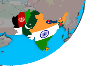 SAARC memeber states with national flags on blue political 3D globe.
