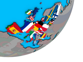 European Union with national flags on blue political 3D globe.