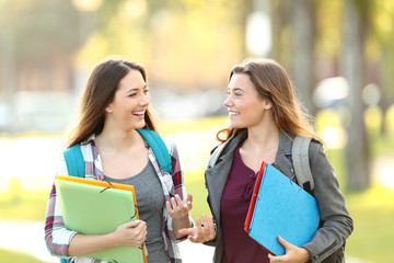 Two students talking walking in the street