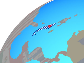 Cuba with embedded national flag on globe.