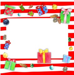 Christmas frame with gift boxes on red striped background.