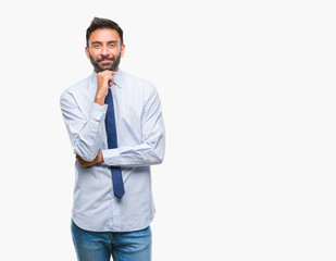 Adult hispanic business man over isolated background looking confident at the camera with smile with crossed arms and hand raised on chin. Thinking positive.