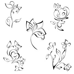 stylized flowers on the stems with leaves in black lines on a white background. SET