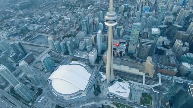 HD Video Sequence of Toronto, Canada - Aerial Wide Angle View of Toronto at dusk