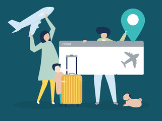 Characters of people holding travel icons illustration